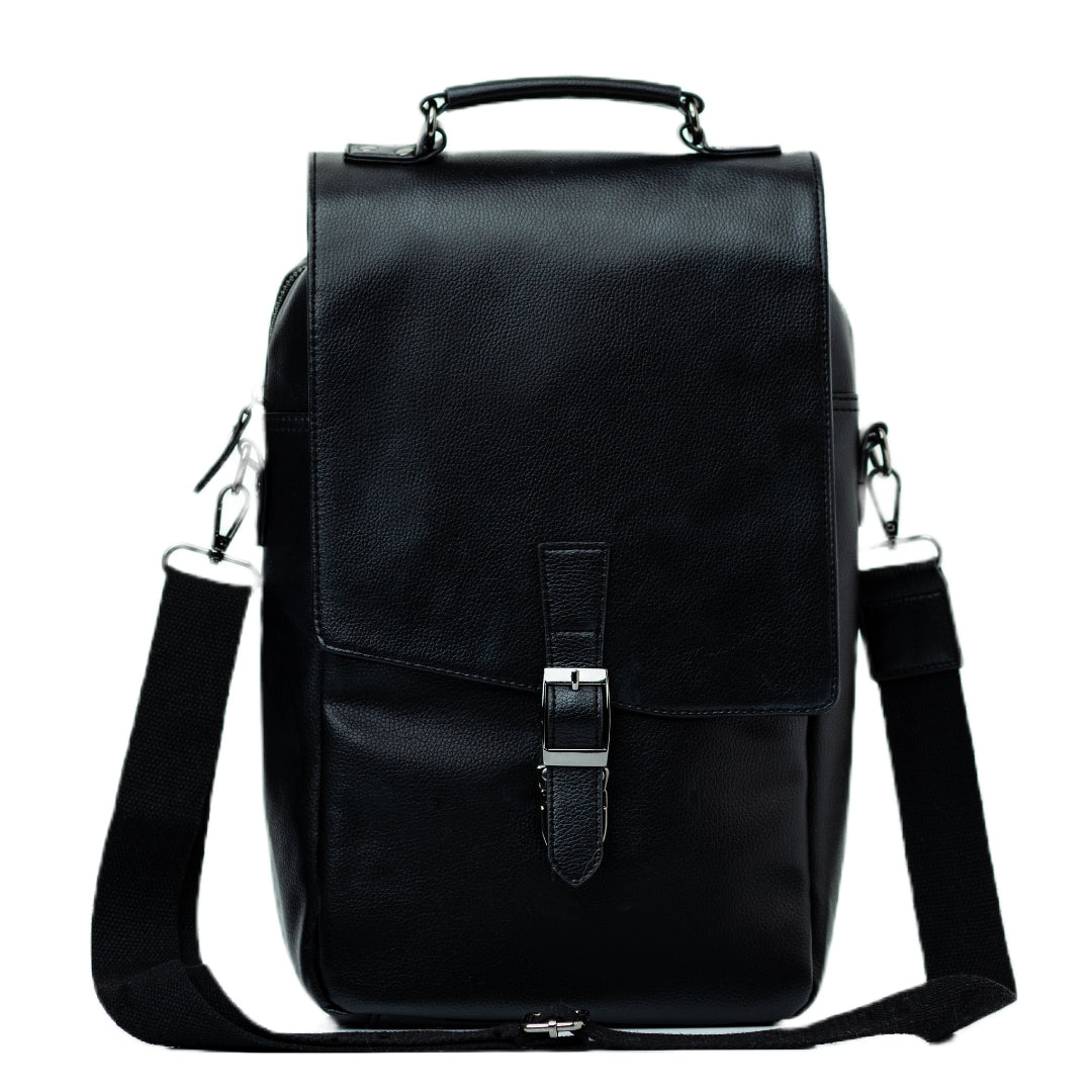 Double Wine Cooler Bag Jet Black Vegan Leather and Gunmetal Inscribe Bags