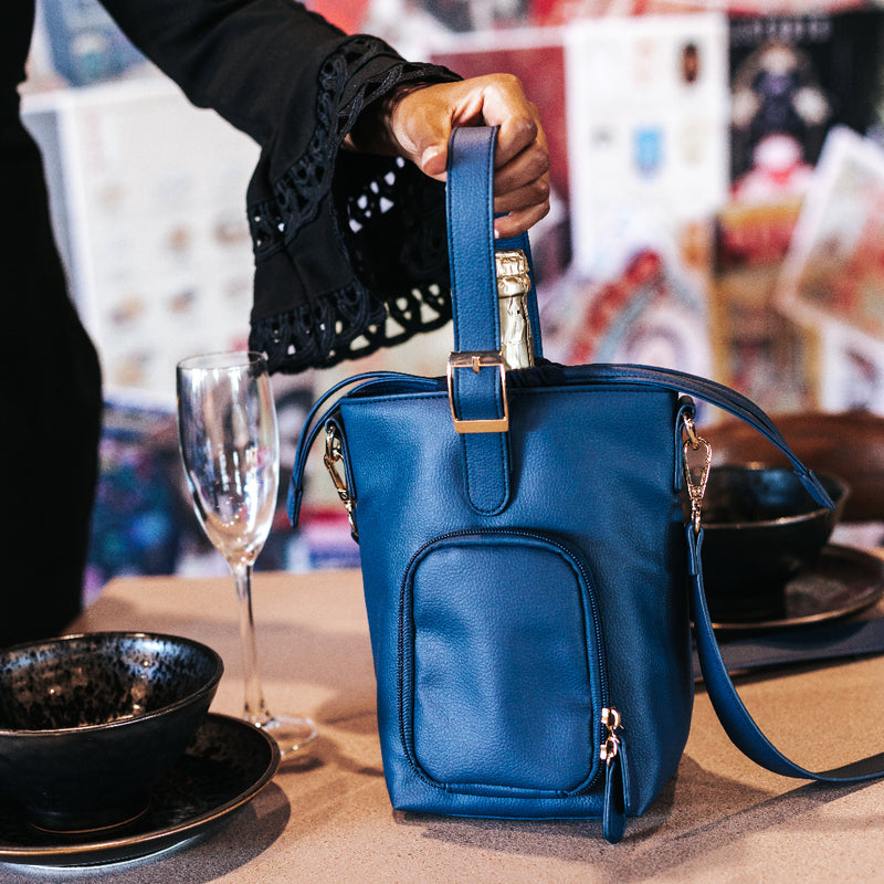 Single Wine Cooler Handbag  | Navy Vegan Leather and Gold